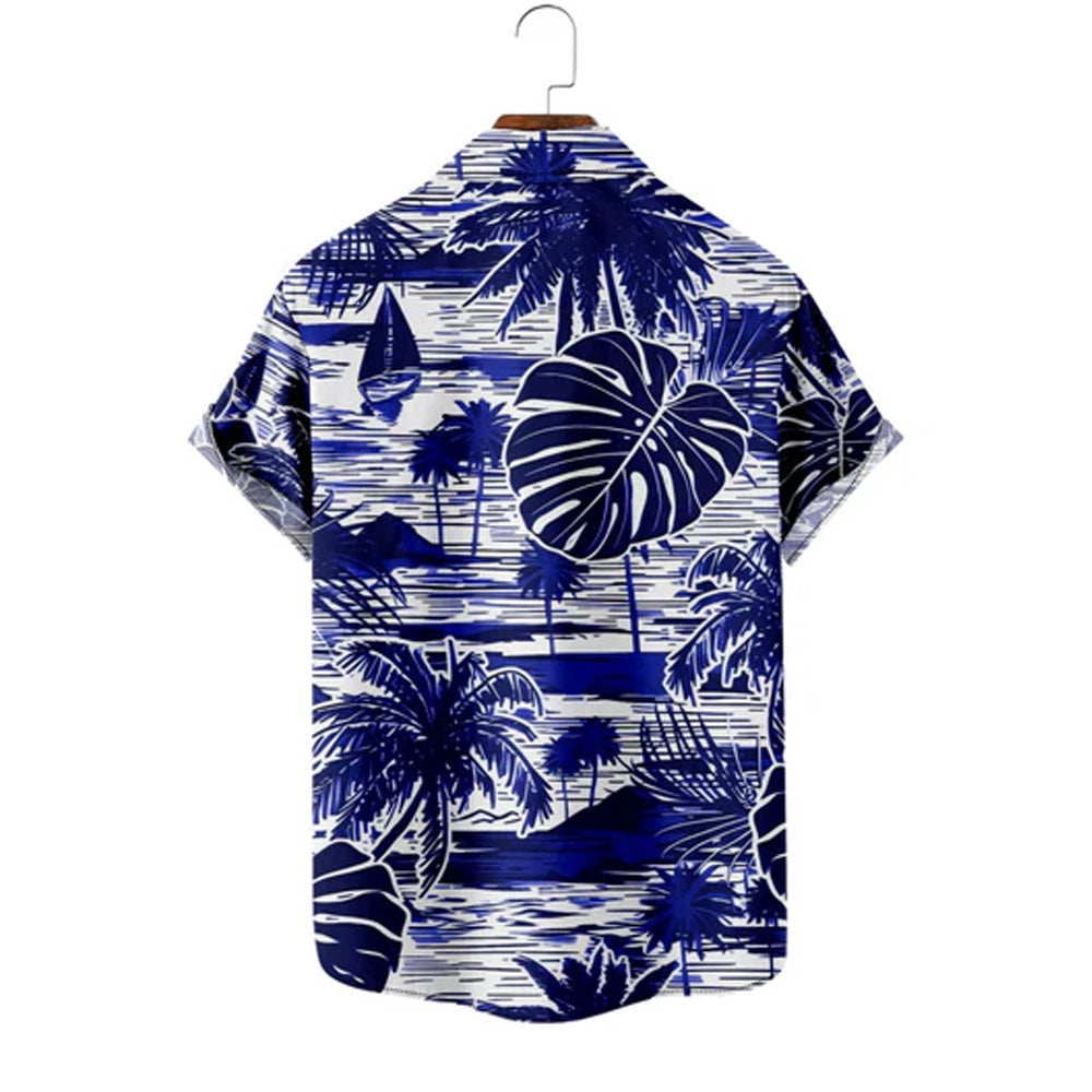 Island Holiday Palm Tree Leaf Print Casual Short Sleeve Shirt