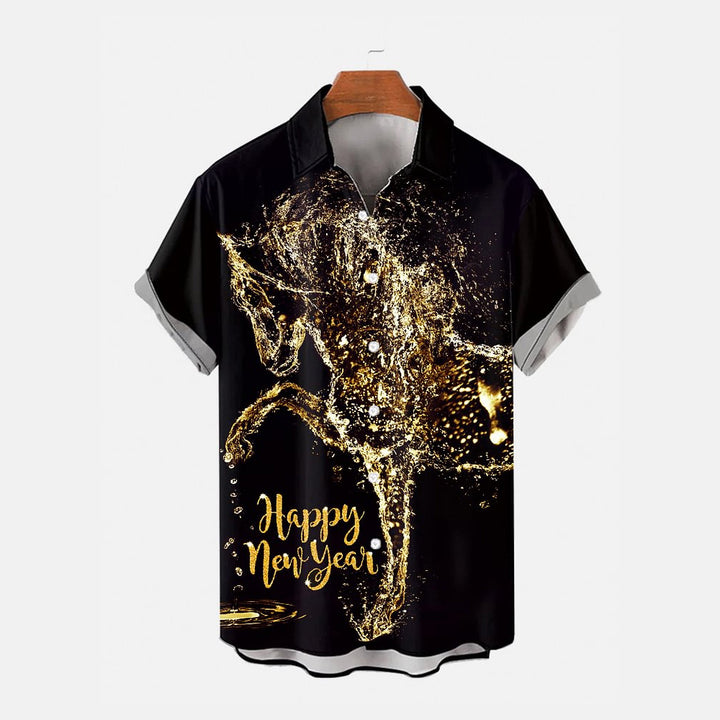 Happy New Year Golden Horse Print Short Sleeve Shirt