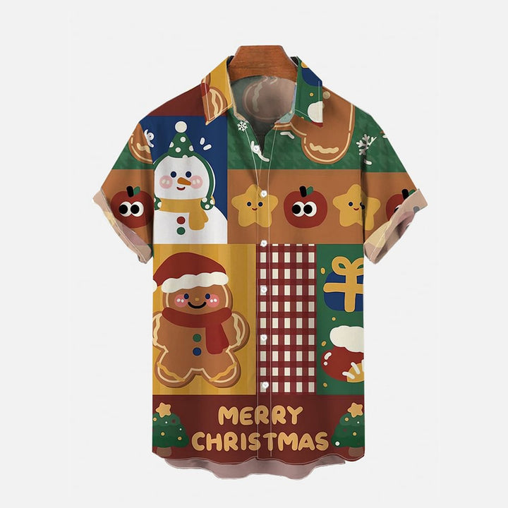 Christmas Color Gingerbread Man Patchwork Print Short Sleeve Shirt