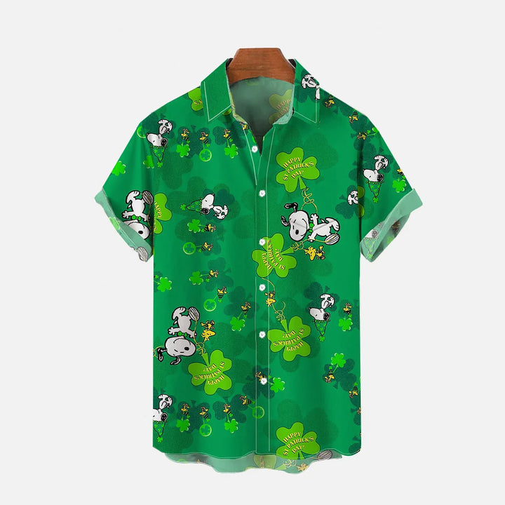 Green Clovers And Cartoon Dog Printing Breast Pocket Short Sleeve Shirt