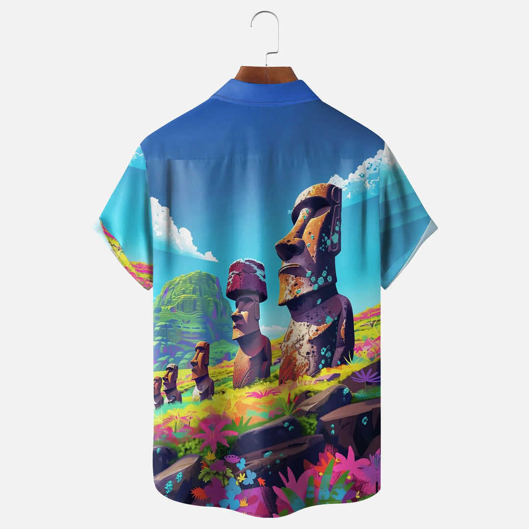 Easter Island Moai Statues Chest Pocket Casual Shirt