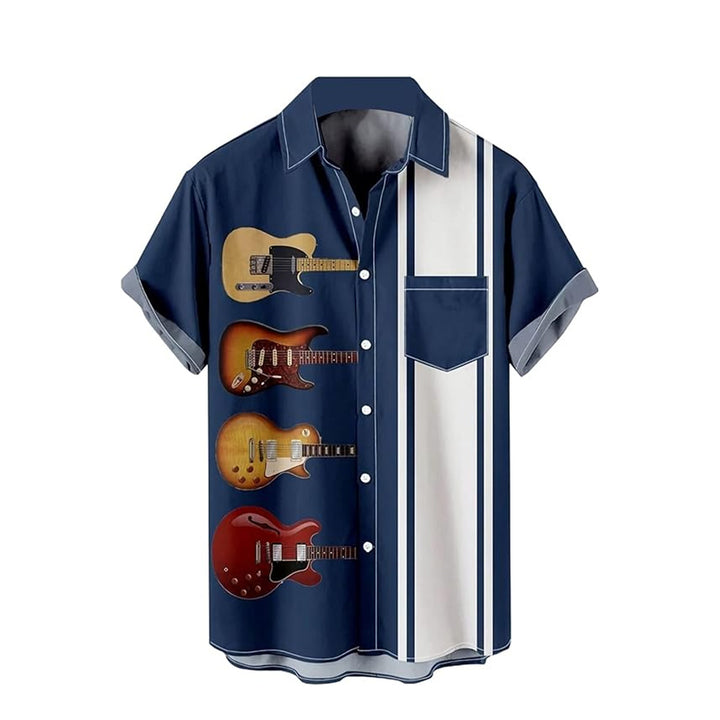 Vintage Guitar Music Stripe Print Bowling Shirt