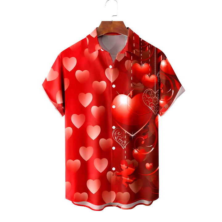 Valentine's Day Heart Gradient Print Men's Button Pocket Short Sleeve Shirt