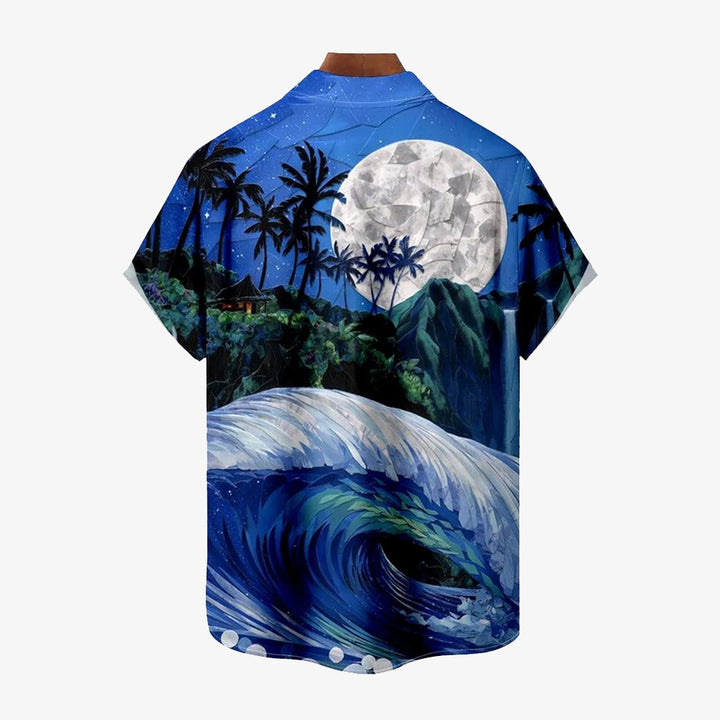 Hawaiian Coconut Tree Parrot Fun Print Short Sleeve Shirt