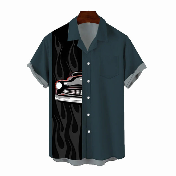 50s Retro Flame Car Print Bowling Short Sleeve Shirt