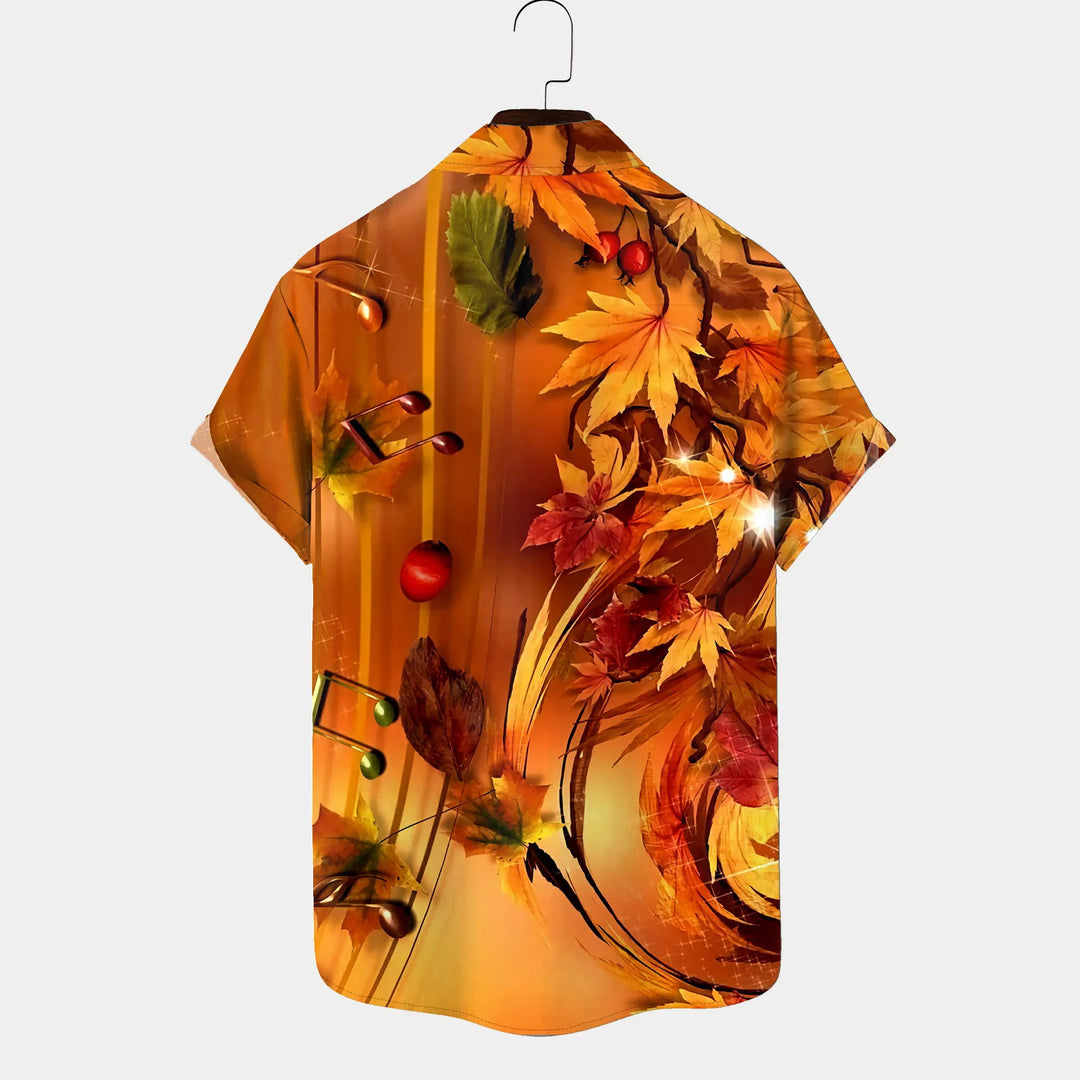 Thanksgiving Music Print Breast Pocket Short Sleeve Shirt