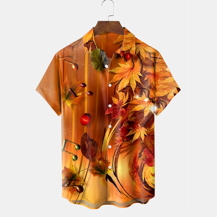 Thanksgiving Music Print Breast Pocket Short Sleeve Shirt