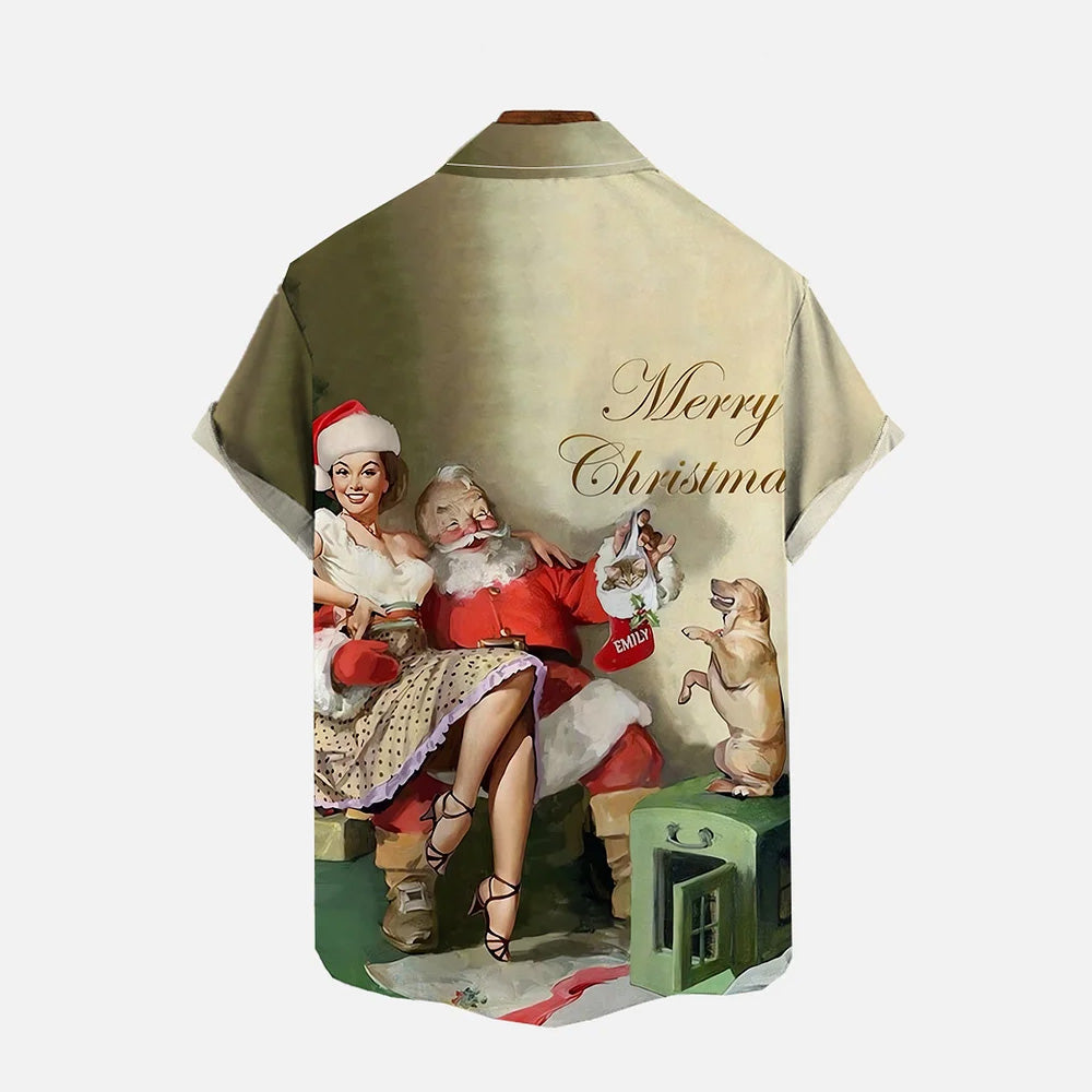 Vintage Poster Christmas Beauty Pet Family Printing Short Sleeve Shirt