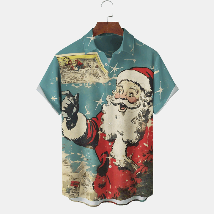 Christmas Men's Santa Print Breast Pocket Hawaiian Shirt