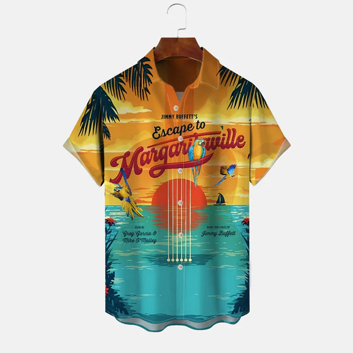 Beach Coconut Tree Parrot Button Pocket Casual Short Sleeve Shirt