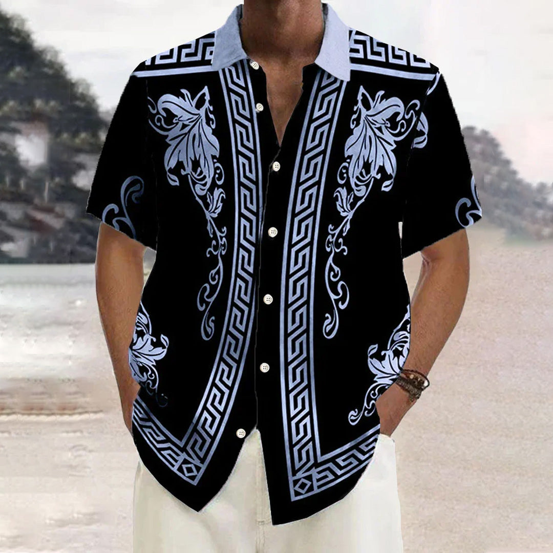 Retro Geometric Gold Floral Print  Casual Vacation Shirt 2406000698