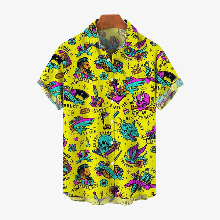 Yellow Demon Skull Print Large Size Bamboo Linen Short Sleeve Shirt 2406001519