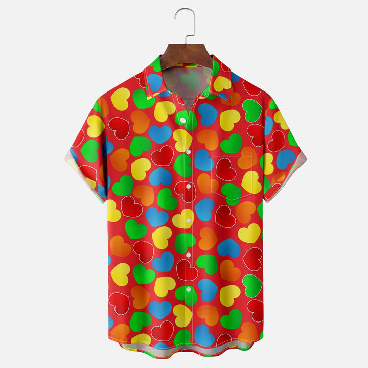 Valentine's Day Colorful Heart Chest Pocket Casual Shirt