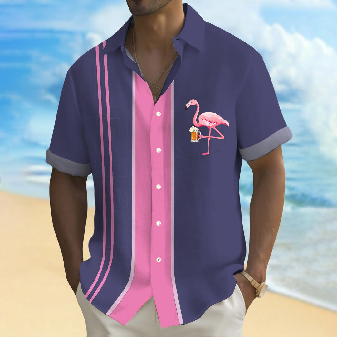 Flamingo Stripe Print Casual Short Sleeve Shirt