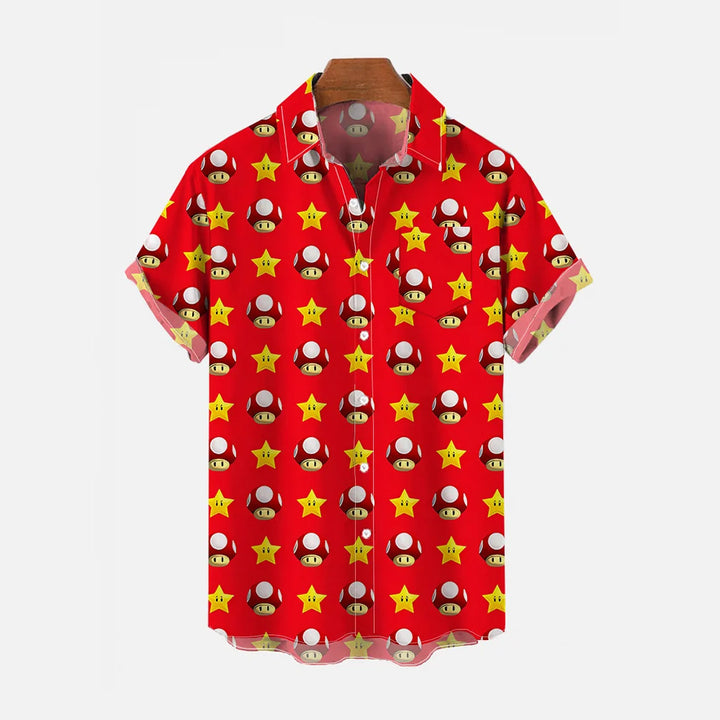 Red Cartoon Mushroom And Star Short Sleeve Shirt