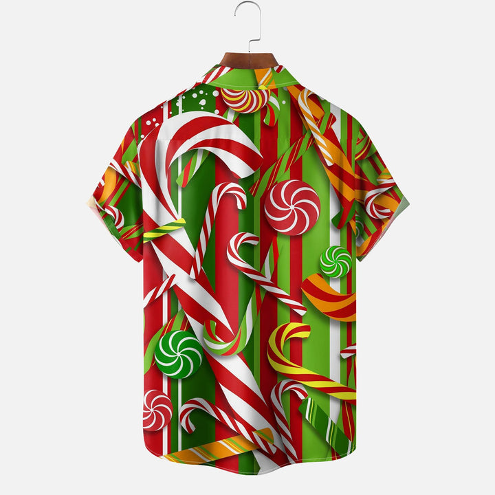 Christmas Candy Cane Chest Pocket Short Sleeve Shirt