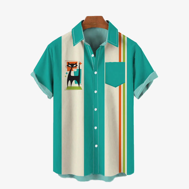 Geometric Cat Print Chest Pocket Short Sleeve Shirt
