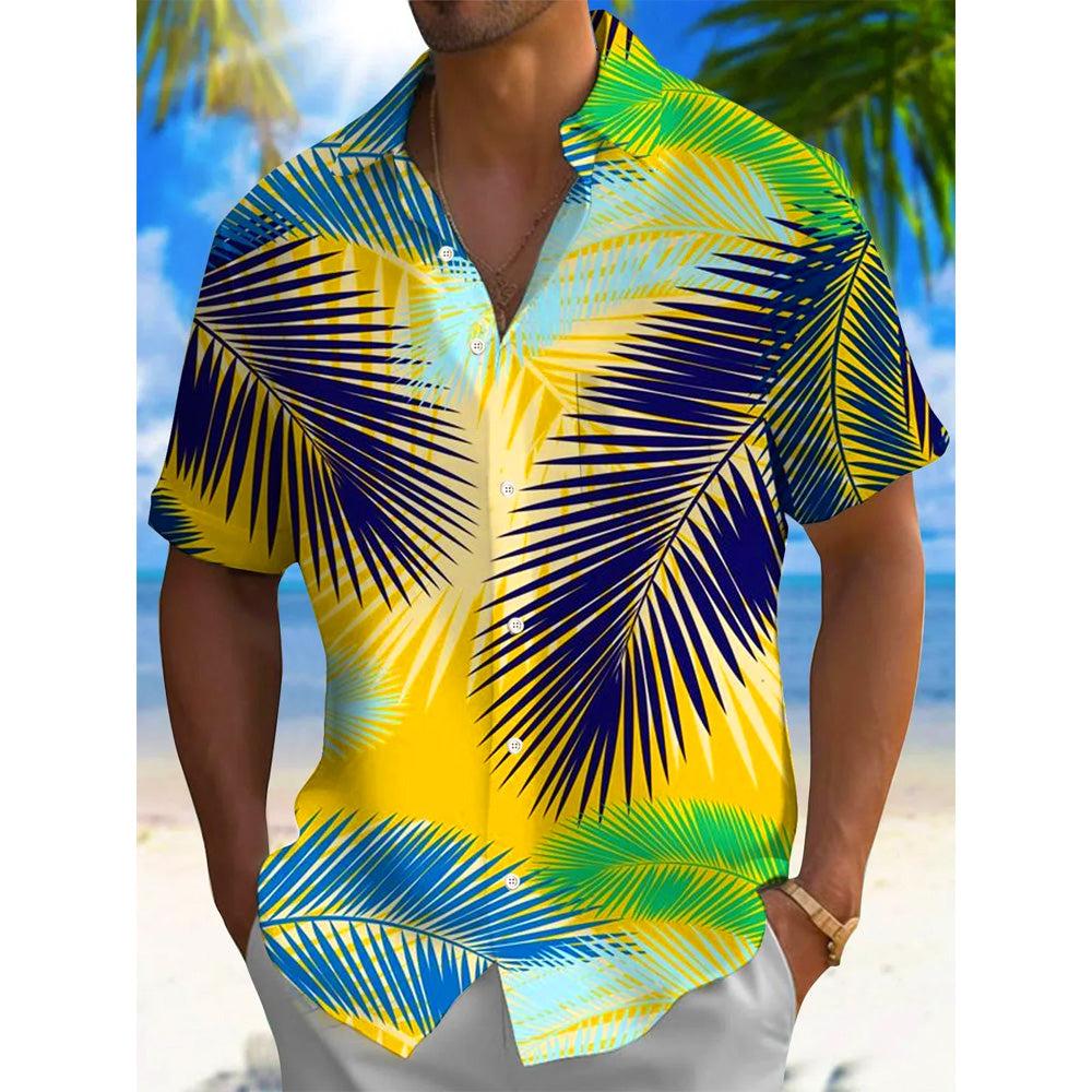 Hawaiian Plant Leaves 3D Print Men's Button Pocket Short Sleeve Shirt