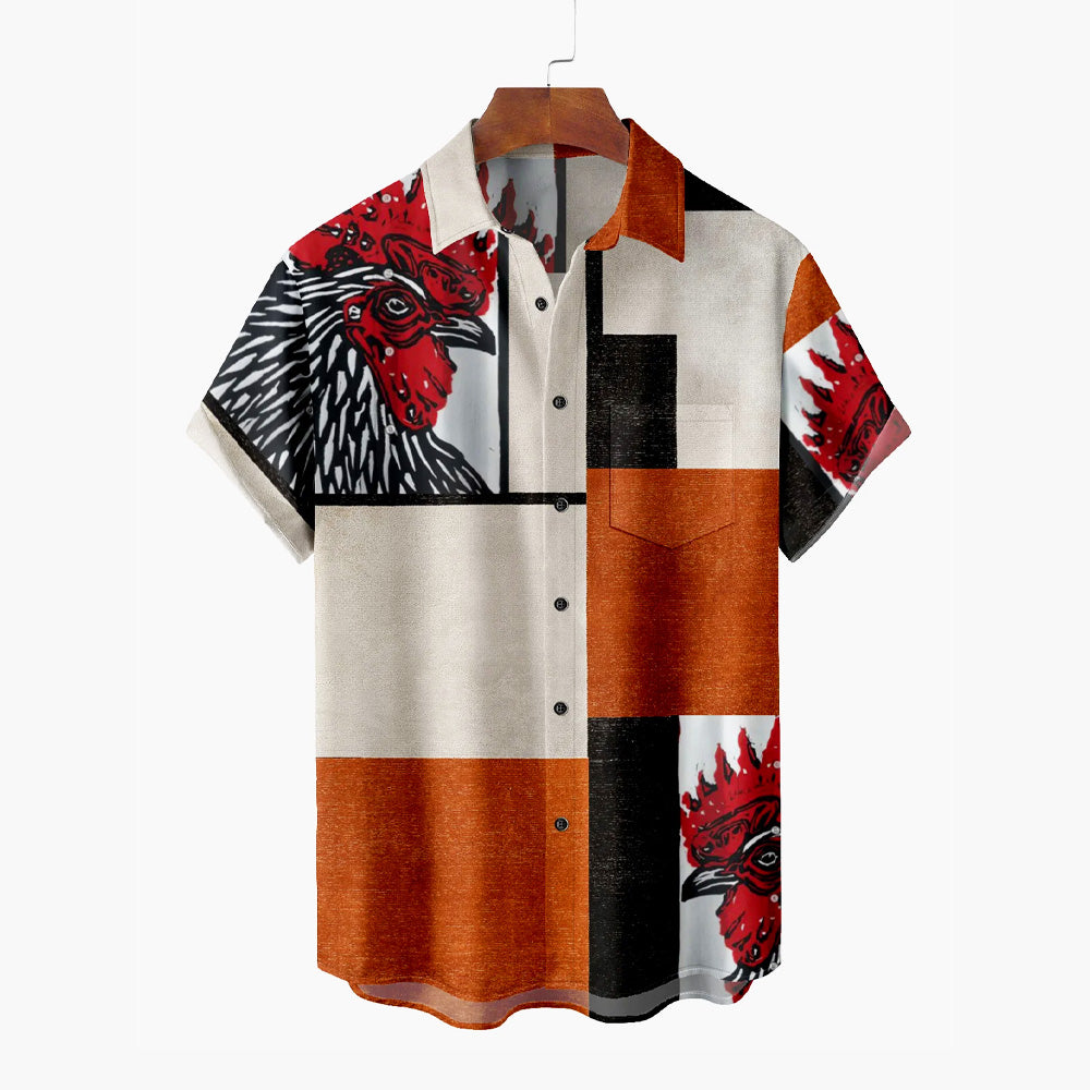 Geometric Chicken Print Short Sleeve Casual Shirt