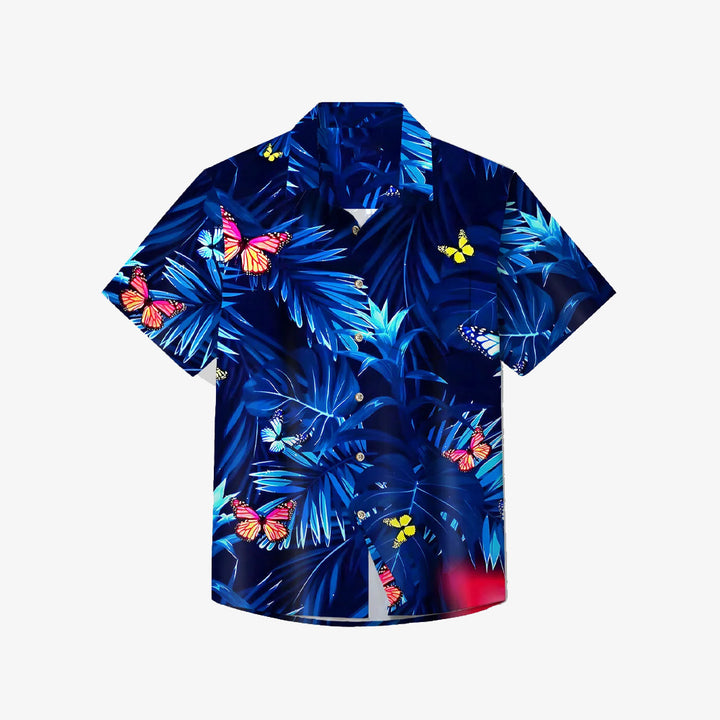 Hawaiian Butterfly Flora Print Oversized Short Sleeve Shirt