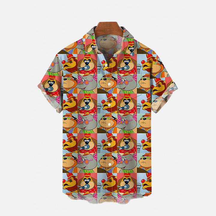 Color Block Splicing Cartoon Animals Printing Breast Pocket Short Sleeve Shirt