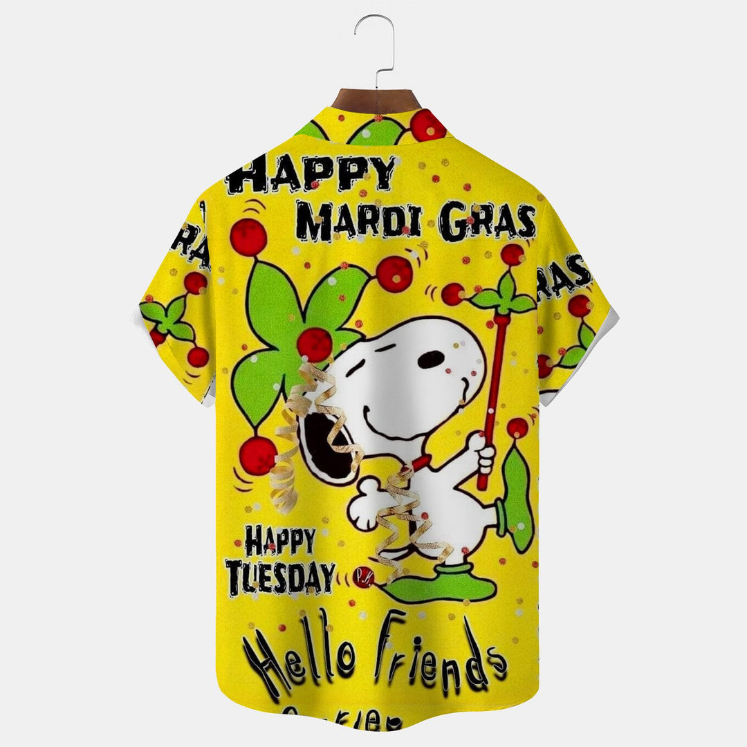 Mardi Gras Cartoon Dog Print Men's Button Pocket Short Sleeve Shirt