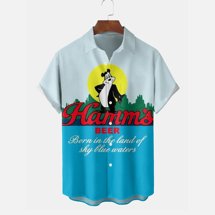 Retro Cartoon Funny Beer Print Men's Button Pocket Short Sleeve Shirt