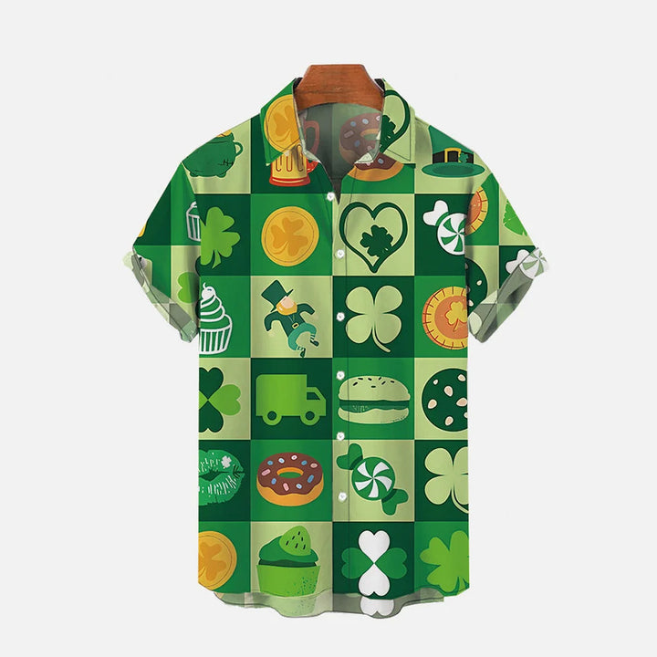 St. Patrick's Day Green Four-Leaf Clover and Gold Coin Print Shirt