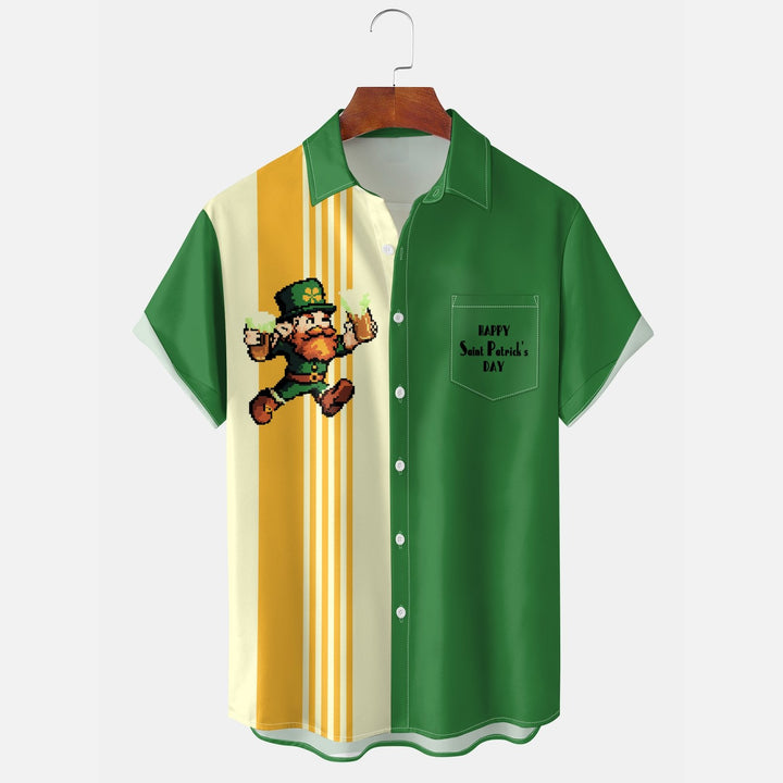 St. Patrick's Day Gnome Chest Pocket Casual Bowling Shirt