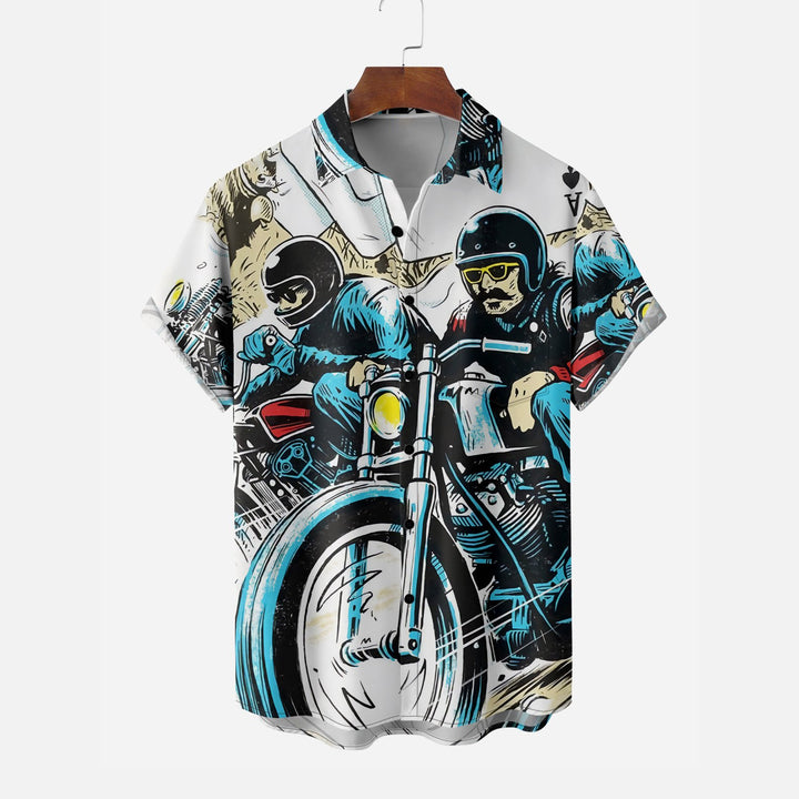 Motorcycle Chest Pocket Casual Short Sleeve Shirt