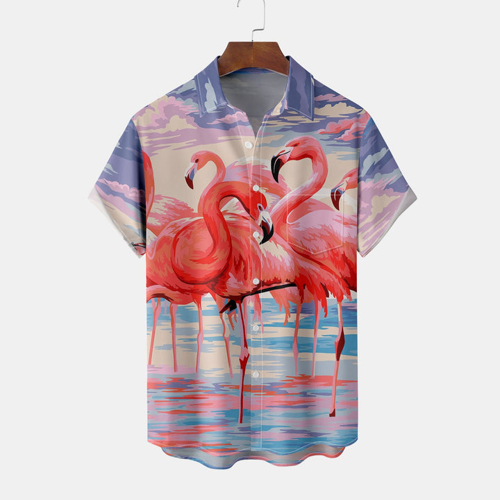 Men's Flamingo Cartoon Casual Short Sleeve Shirt