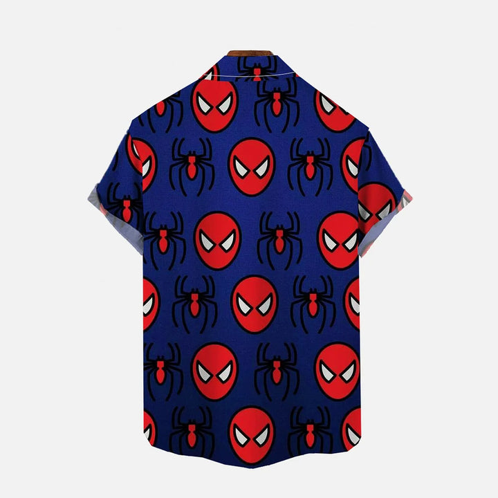 Gradient Blue Halloween Spider Pattern Linen Short Sleeve Shirt