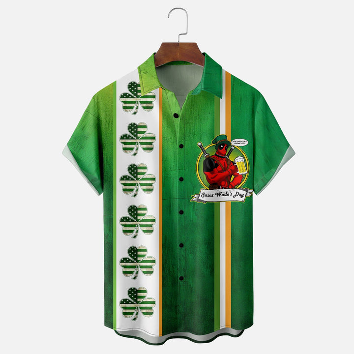 St. Patrick's Day Art Shamrock Chest Pocket Bowling Shirt