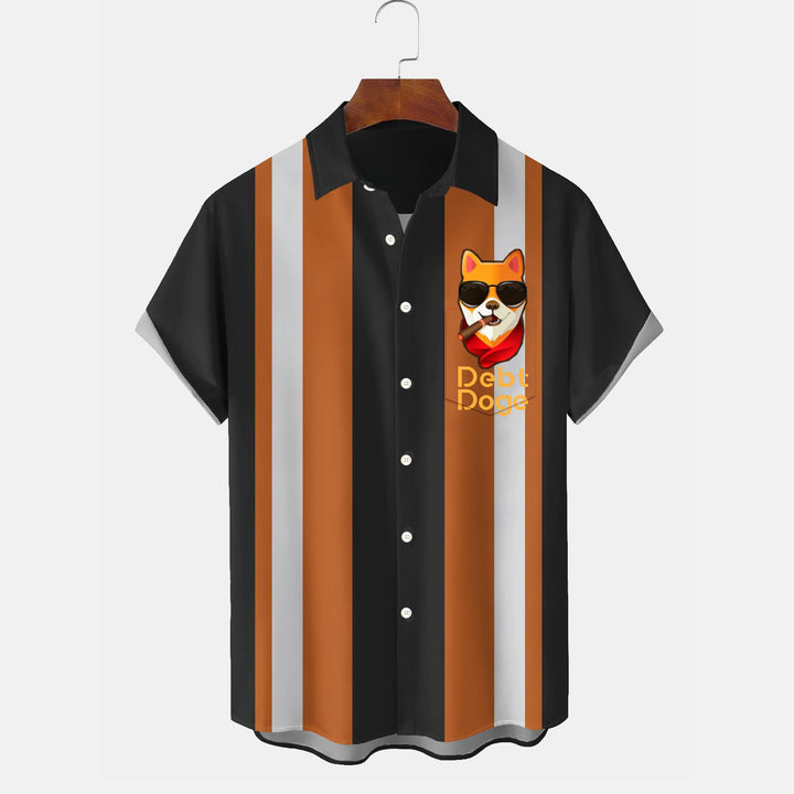 Retro Bowling Cartoon Funny Dog Print Men's Button Pocket Short Sleeve Shirt