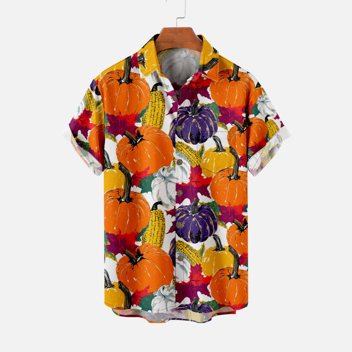 Thanksgiving Pumpkin Maple Leaf Casual Short Sleeve Shirt