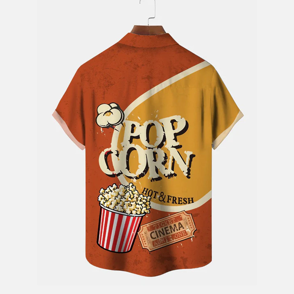 Retro Popcorn Old Movie Button Pocket Casual Short Sleeve Shirt