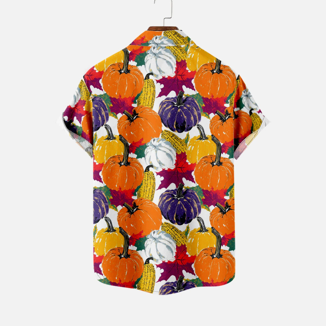 Thanksgiving Pumpkin Maple Leaf Casual Short Sleeve Shirt