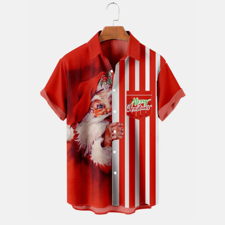 Christmas Santa Fun Stripe Print Short Sleeve Shirt