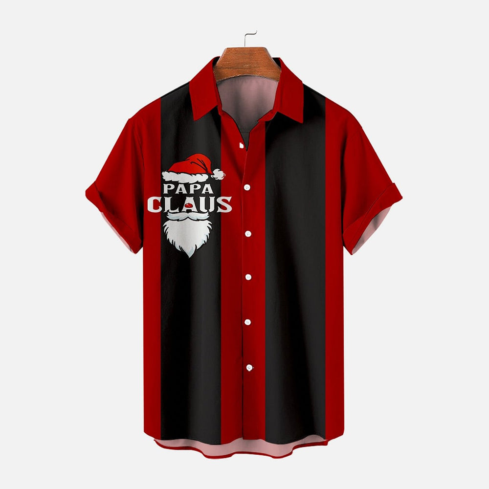 Men's Red and Black Striped Christmas Father Cartoon Short Sleeve Shirt