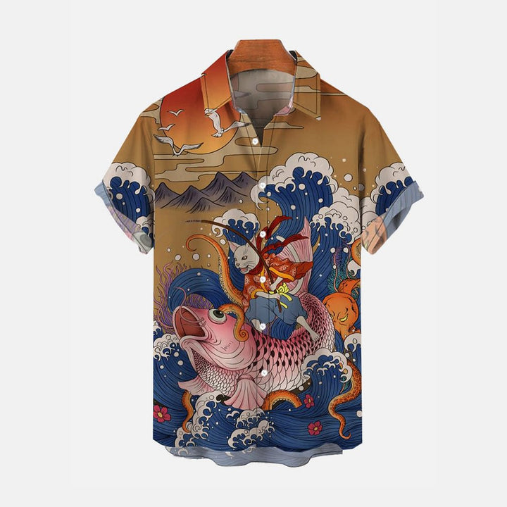 Ukiyoe Sun Cat Carp and Sea Monster Print Hawaiian Short Sleeve Shirt