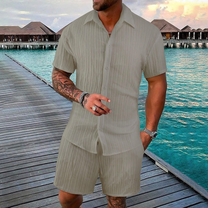 Men's Solid Color Textured Fabric Short-Sleeved Shirt Suit 240502863