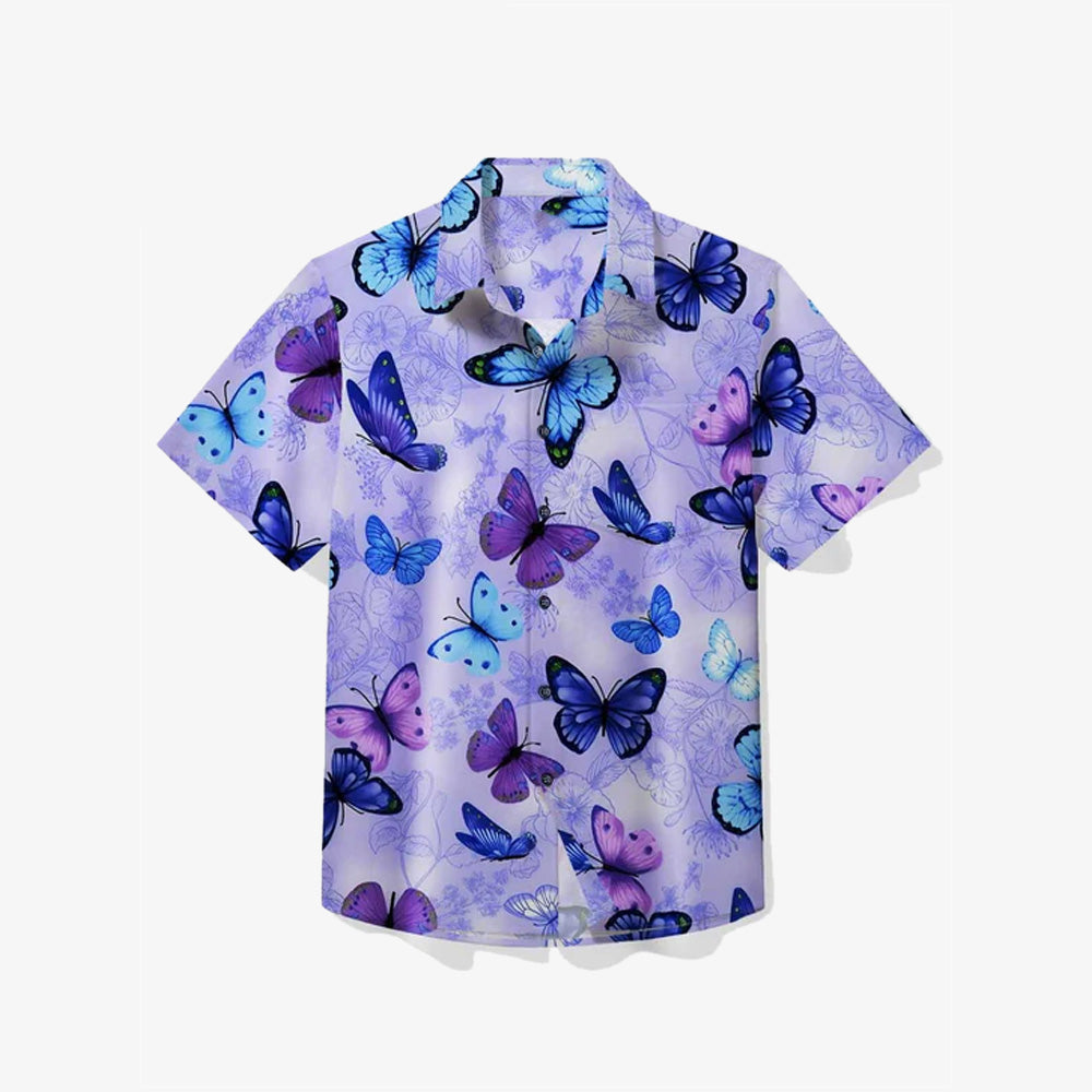 Purple Men's Hawaiian Shirt Butterfly Tropical Flower Print Casual Shirt