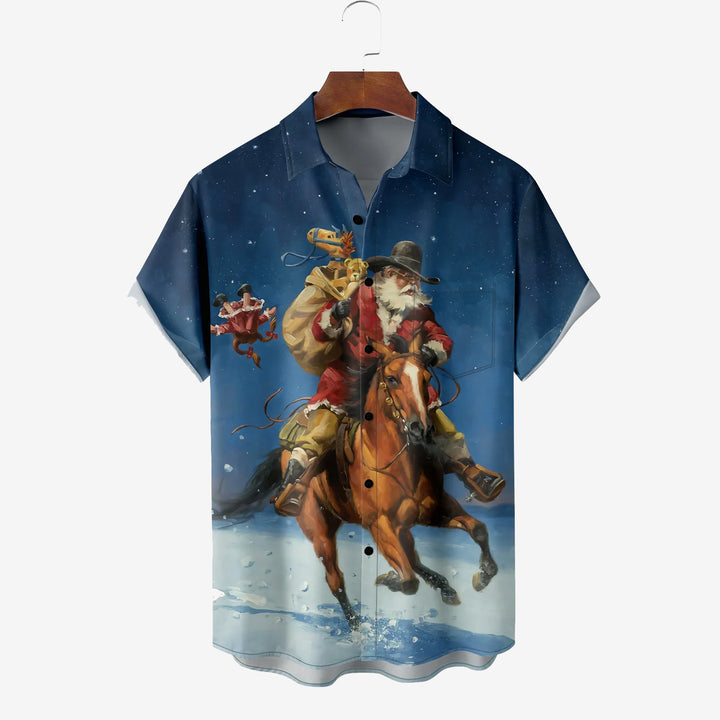 Christmas Cowboy Santa Claus Chest Pocket Short Sleeve Shirt