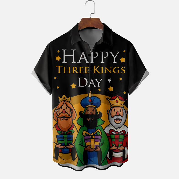 Happy Three Kings Day Art Chest Pocket Bowling Shirt