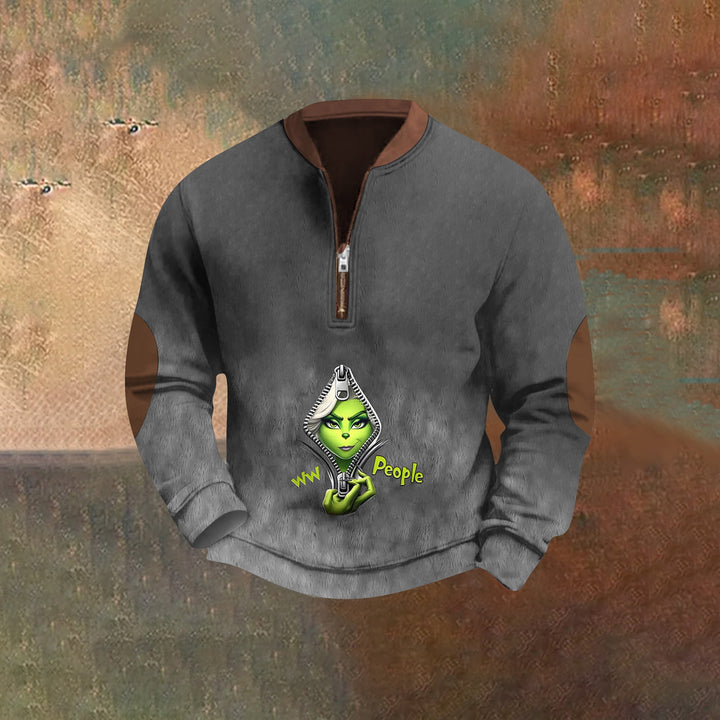 Men's Christmas Cartoon Green Monster Zipper Neck Casual Sweatshirt 2411013067