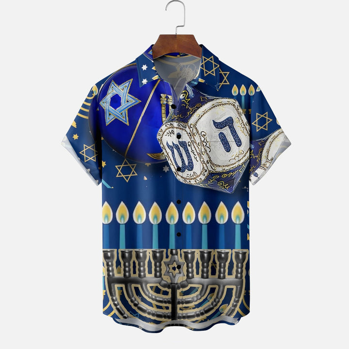 Hanukkah Dreidel Candle Star of David Chest Pocket Casual Shirt