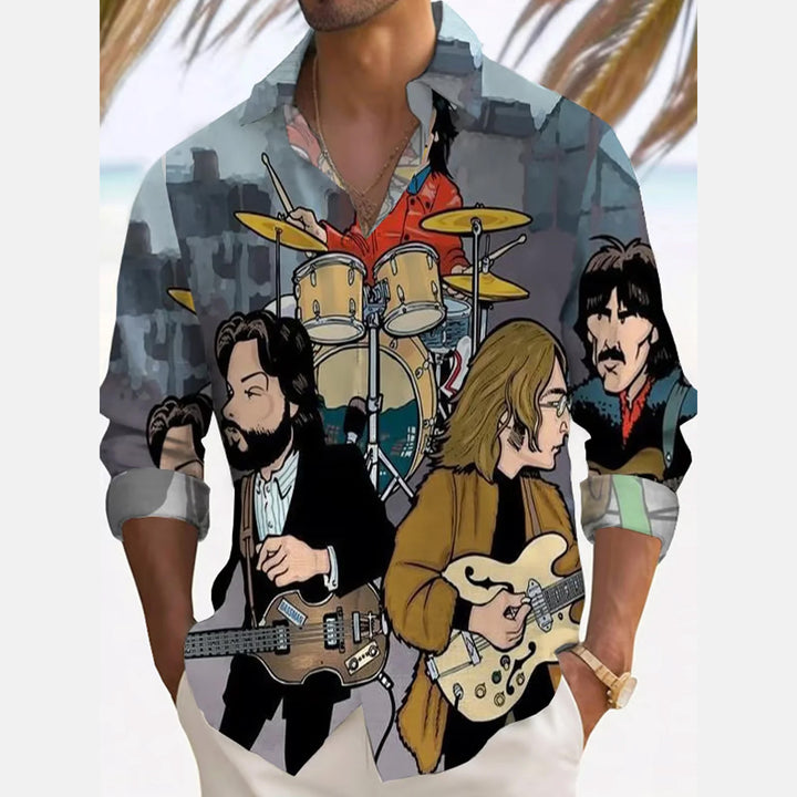 Retro Music Art Digital Print Men's Button Pocket Long Sleeve Shirt