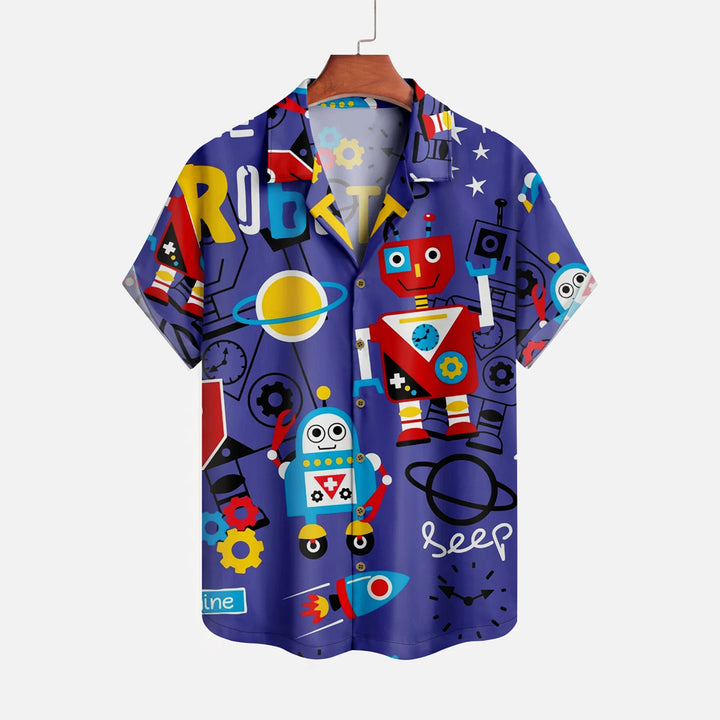 Cartoon Robot Print Cuban Collar Shirt