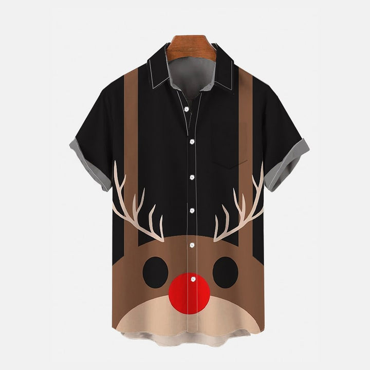 Christmas Elk Costume Printing Breast Pocket Short Sleeve Shirt