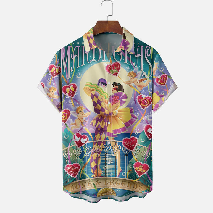 Mardi Gras Art Illustration Chest Pocket Hawaiian Shirt